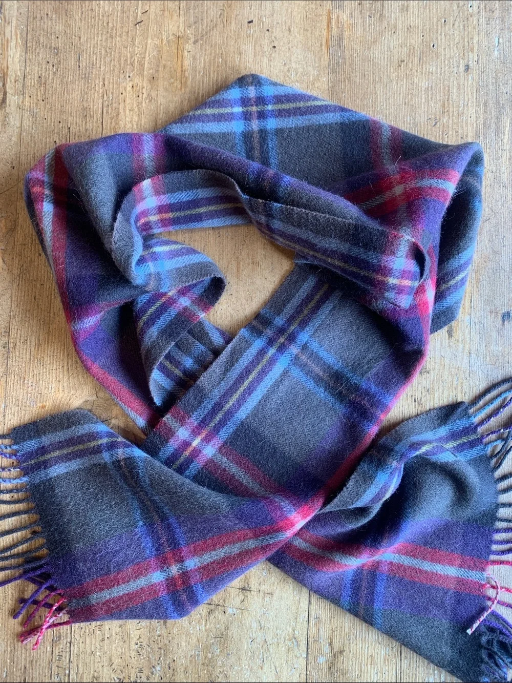 Mountain Horse Wool Blend Plaid Fringe Wool Blend Scarf in Gray, Purple & Red